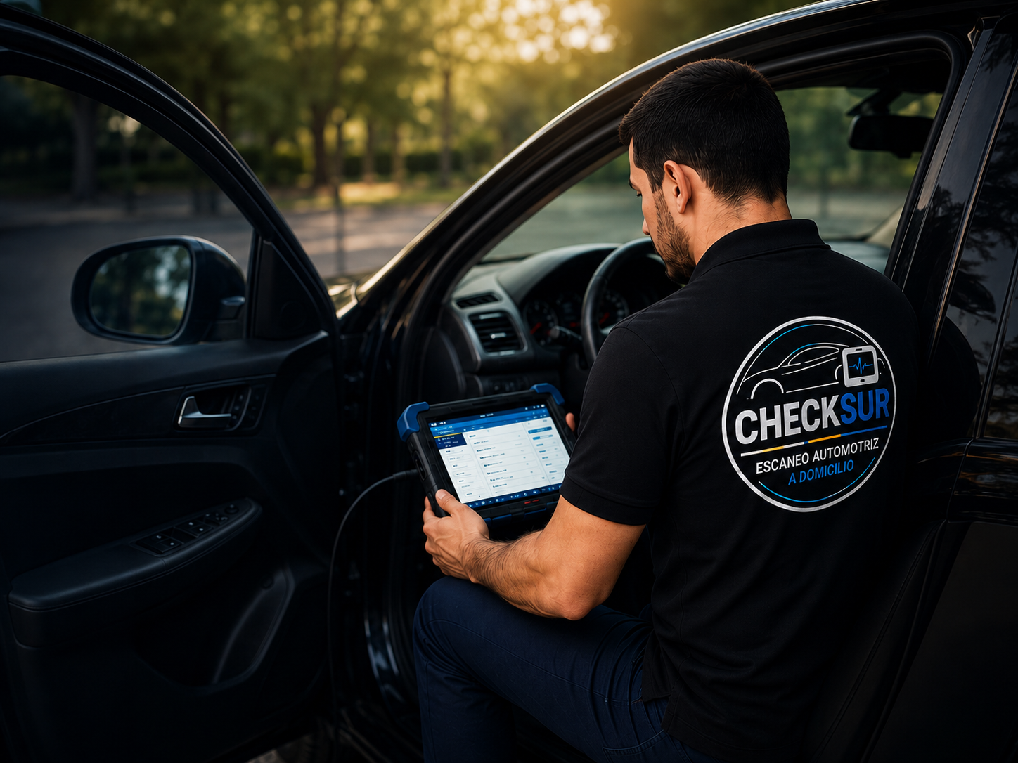 Técnico realizando diagnóstico automotriz con escáner